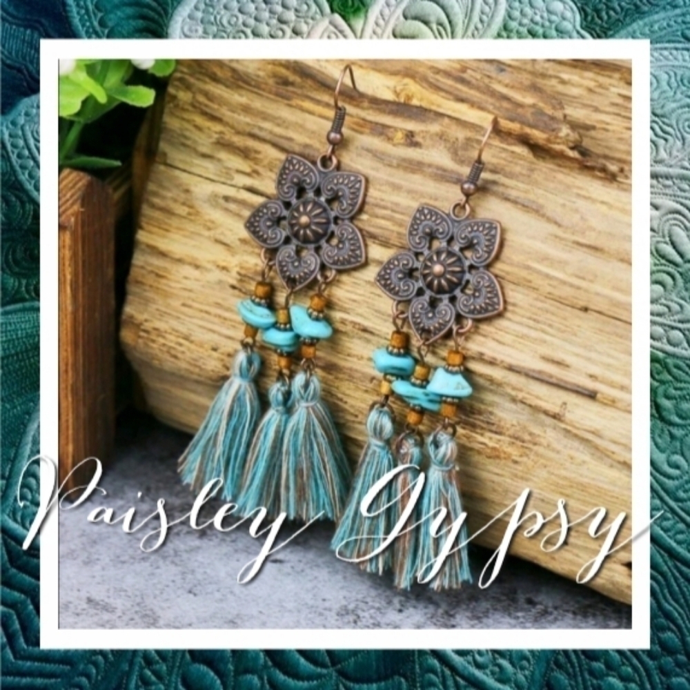 Dangling Flower Medallion Earrings with Boho Tassels